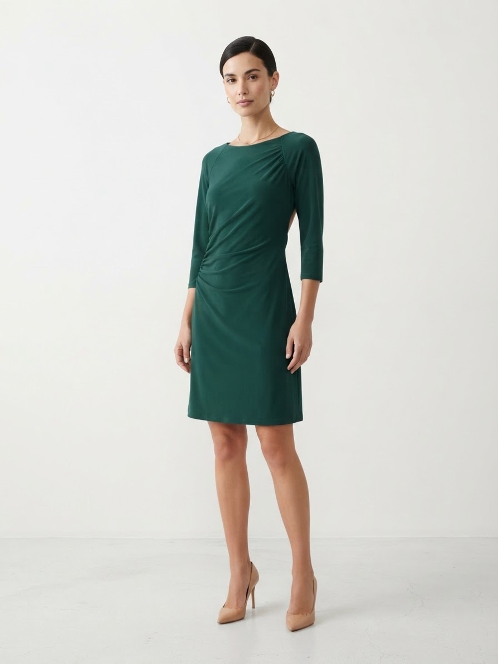 Susana Monaco Green 3/4 Sleeve Ruched Boatneck Dress Size L